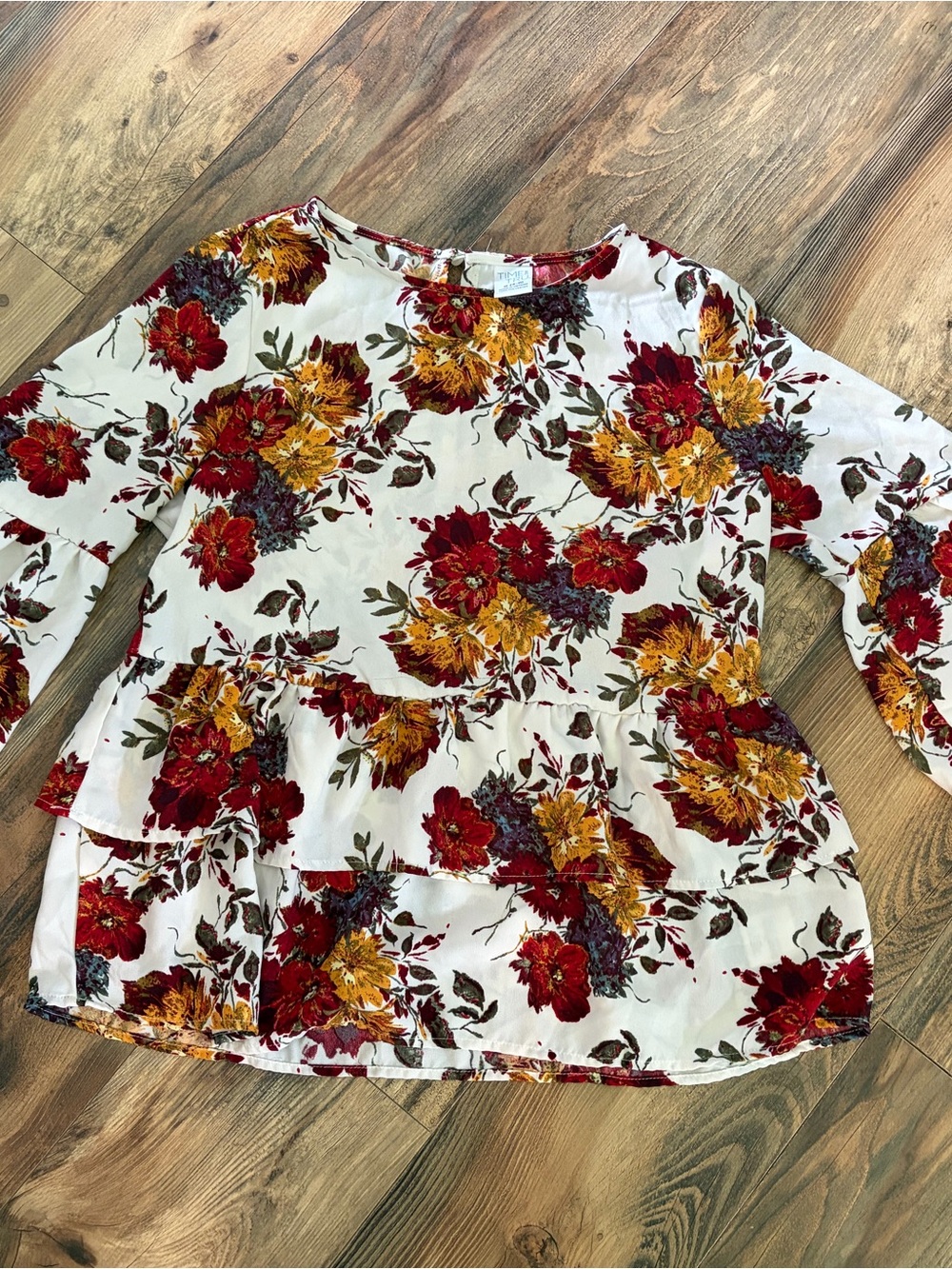 Time and Tru Cream Floral Tiered Blouse with Red & Mustard Accents